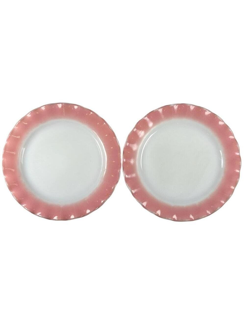 Set of 2 Vintage Hazel Atlas Crinoline Pink Milk Glass Ruffled Plates USA